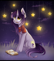 Size: 1024x1165 | Tagged: safe, artist:ten-dril, oc, oc only, pony, unicorn, book, clothes, mouth hold, night, pencil, scarf, sitting, solo, stars