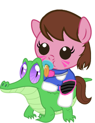 Size: 786x1017 | Tagged: safe, artist:red4567, gummy, pony, g4, baby, baby pony, crossover, cute, d.va, overwatch, pacifier, ponies riding gators, ponified, riding, whisker markings