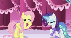 Size: 1214x654 | Tagged: safe, screencap, fluttershy, rarity, pegasus, pony, unicorn, g4, scare master, season 5, carousel boutique, faic, glowing horn, great moments in animation, horn