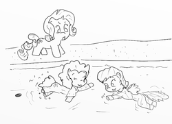 Size: 576x416 | Tagged: safe, artist:php162, pinkie pie, rainbow dash, rarity, g4, clothes, dress, monochrome, swimming, swimming pool, water