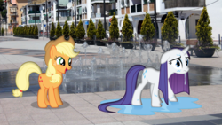 Size: 1920x1080 | Tagged: safe, artist:harvydraws, applejack, rarity, g4, fountain, irl, laughing, photo, ponies in real life, wet, wet mane, wet mane rarity