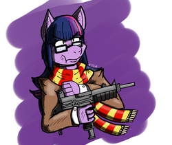 Size: 1732x1462 | Tagged: safe, artist:theoneguy, twilight sparkle, anthro, g4, bad taste, clothes, crossover, glasses, movie, peter jackson, scarf, uzi