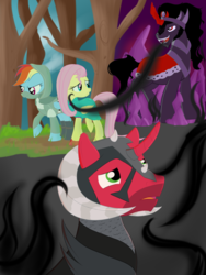 Size: 1024x1365 | Tagged: safe, artist:karmadash, big macintosh, fluttershy, king sombra, rainbow dash, pegasus, pony, umbrum, unicorn, dungeons and discords, g4, fanfic art, female, helmet, horned helmet, male, mare, race swap, rainbow rogue, ship:rainbowmac, ship:sombrashy, shipping, sir mcbiggen, stallion, story included, straight, unicorn big mac