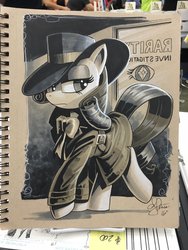 Size: 1536x2048 | Tagged: safe, artist:andy price, rarity, pony, unicorn, g4, clothes, detective rarity, female, hat, mare, monochrome, solo, traditional art