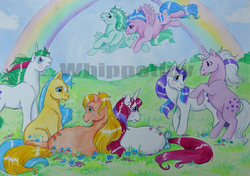 Size: 1500x1053 | Tagged: dead source, safe, artist:whippetluvpony, applejack (g1), bubbles (g1), firefly, glory, gusty, medley, moondancer (g1), twilight, g1, bow, coat markings, facial markings, flying, obtrusive watermark, rainbow, star (coat marking), tail bow, traditional art, watermark
