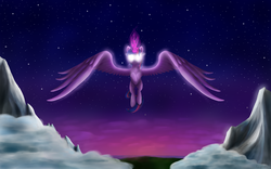 Size: 3840x2400 | Tagged: safe, artist:farglider, twilight sparkle, alicorn, pony, g4, female, flying, glowing eyes, high res, magic, mountain, ocean, solo, stars, twilight (astronomy), twilight sparkle (alicorn)