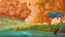Size: 1280x720 | Tagged: safe, artist:ailynd, rainbow dash, pegasus, pony, g4, autumn, eyes closed, female, floppy ears, in a tree, leaves, prone, river, scenery, sleeping, solo, tree