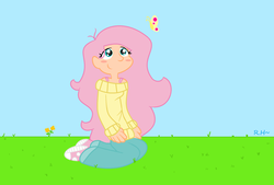 Size: 2220x1498 | Tagged: safe, artist:rainbowheartpony, fluttershy, butterfly, human, g4, blush sticker, blushing, bra strap, clothes, converse, humanized, jeans, pants, shoes, sneakers, sweater, sweatershy