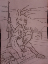 Size: 2560x1920 | Tagged: safe, artist:furnaz, oc, oc only, anthro, boots, female, gun, monochrome, post-apocalyptic, rifle, sniper rifle, solo, svd, traditional art, weapon