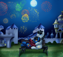 Size: 3509x3158 | Tagged: safe, artist:pridark, oc, oc only, pony, unicorn, bench, canterlot, clothes, commission, fireworks, full moon, grass, high res, light, moon, on back, open mouth, pointing, sitting, sweater