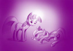 Size: 1100x779 | Tagged: safe, artist:dstears, princess luna, twilight sparkle, g4, crying, duo, glowing horn, horn, monochrome, s1 luna