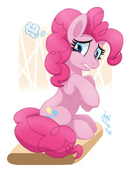 Size: 900x1200 | Tagged: safe, artist:joakaha, pinkie pie, g4, crossed hooves, dialogue, female, lip bite, nervous, question, question mark, signature, sitting, solo, speech bubble