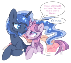 Size: 2964x2622 | Tagged: safe, artist:hawthornss, princess luna, twilight sparkle, alicorn, pony, g4, blanket, blushing, colored pupils, commission, crossed hooves, cute, dialogue, eye contact, female, high res, lesbian, looking at each other, lying down, mare, prone, ship:twiluna, shipping, simple background, speech bubble, starry eyes, transparent background, tsundere, tsunlight sparkle, twilight sparkle (alicorn), wingding eyes