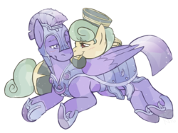 Size: 2000x1500 | Tagged: safe, artist:curiouskeys, amethyst stone, golden hooves (g4), crystal pony, earth pony, pegasus, pony, g4, armor, bedroom eyes, clothes, crystal empire, goldenstone, guard, mailmare, male, shipping, straight, uniform