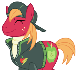 Size: 2667x2466 | Tagged: safe, artist:sketchmcreations, big macintosh, earth pony, pony, buckball season, g4, backwards ballcap, clothes, eyes closed, hat, high res, jacket, male, simple background, smiling, stallion, transparent background, vector