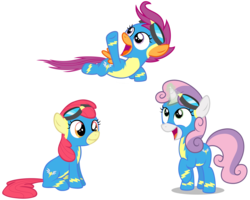Size: 5000x4000 | Tagged: safe, artist:baronbronie, edit, apple bloom, scootaloo, sweetie belle, g4, absurd resolution, clothes, cute, cutie mark crusaders, goggles, magic, missing accessory, scootaloo can fly, simple background, sweetie belle's magic brings a great big smile, transparent background, vector, wonderbolt scootaloo, wonderbolts uniform