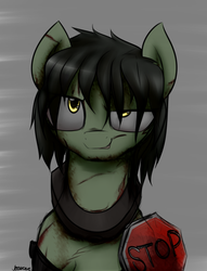 Size: 1280x1675 | Tagged: safe, artist:jetwave, oc, oc only, oc:muckraker, pony, fallout equestria, fallout equestria: the things we've handed down, beaten up, blood, collar, dirty, smiling, smirk, snark, stop sign