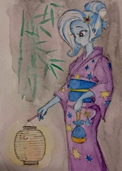 Size: 584x817 | Tagged: safe, artist:daisymane, trixie, equestria girls, g4, clothes, japanese, kimono (clothing), traditional art, watercolor painting