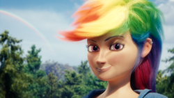 Size: 1920x1080 | Tagged: safe, artist:trombonyponypie, rainbow dash, human, equestria girls, g4, 3d, blender, cgi, ear piercing, earring, faic, female, humanized, jewelry, looking at you, piercing, realistic, smug, smugdash, solo, uncanny valley