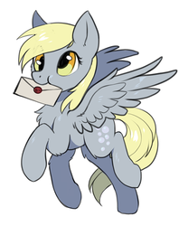 Size: 665x801 | Tagged: dead source, safe, artist:hioshiru, derpy hooves, pegasus, pony, g4, :t, chest fluff, cute, derpabetes, female, fluffy, flying, letter, mare, mouth hold, puffy cheeks, simple background, smiling, solo, spread wings, white background