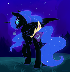 Size: 1073x1100 | Tagged: dead source, safe, artist:hioshiru, nightmare moon, alicorn, pony, g4, :t, angry, butt, butt crown, crown, cute, female, fluffy, glare, jewelry, looking at you, looking back, mare, messy mane, missing accessory, moonabetes, nose wrinkle, plot, puffy cheeks, raised hoof, regalia, scrunchy face, show accurate, snorting, solo