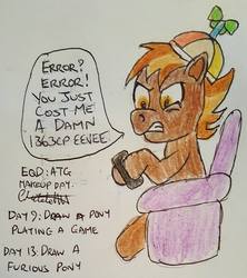 Size: 851x960 | Tagged: safe, artist:rapidsnap, button mash, earth pony, pony, g4, angry, colt, couch, foal, hat, male, pokémon, propeller hat, solo, traditional art