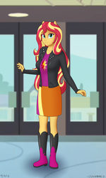 Size: 3000x5000 | Tagged: safe, artist:theovermare, sunset shimmer, equestria girls, g4, boots, clothes, female, jacket, leather jacket, looking at you, multiple variants, pony ears, skirt, smiling, solo