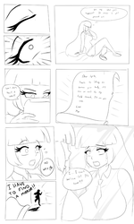 Size: 900x1503 | Tagged: safe, artist:thebrokencog, spike, twilight sparkle, human, comic:the spike experiment, g4, big breasts, body swap, breasts, busty twilight sparkle, comic, female, humanized, male, mirror, monochrome, solo, speech bubble, surprised, thought bubble