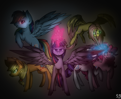 Size: 1024x833 | Tagged: safe, artist:starsketchmeh, applejack, fluttershy, pinkie pie, rainbow dash, rarity, twilight sparkle, alicorn, pony, g4, cowboy hat, cutie mark, flying, glowing horn, hat, horn, looking at you, mane six, raised hoof, simple background, smiling, spread wings, twilight sparkle (alicorn), wings