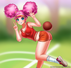 Size: 942x900 | Tagged: safe, artist:racoonsan, pinkie pie, human, buckball season, g4, alternate hairstyle, armpits, ass, ball, balloonbutt, belly button, bent over, blue eyes, breasts, buckball, buckball uniform, busty pinkie pie, butt, butt bump, butt smash, clothes, cute, diapinkes, female, grin, gym shorts, happy, headband, humanized, legs, looking at you, midriff, object on ass, outdoors, peace sign, pinktails pie, raised leg, shoes, shorts, smiling, sneakers, socks, solo, sports shorts, tank top, thighs