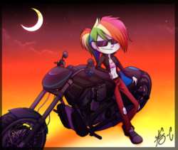 Size: 900x758 | Tagged: safe, artist:fj-c, rainbow dash, equestria girls, g4, belly button, female, midriff, motorcycle, solo, sunglasses