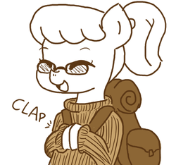 Size: 640x600 | Tagged: safe, artist:ficficponyfic, oc, oc only, oc:loupe, earth pony, pony, colt quest, adult, backpack, clapping, clothes, cute, cutie mark, female, glasses, happy, mare, monochrome, smiling, solo, story included, sweater