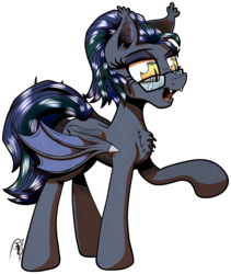 Size: 3371x3986 | Tagged: safe, artist:gray--day, oc, oc only, oc:jynxx, bat pony, pony, bat pony oc, fangs, glasses, high res, open mouth, patreon, patreon reward, raised hoof, signature, simple background, solo, transparent background