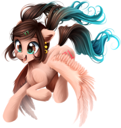 Size: 1800x1900 | Tagged: safe, artist:meotashie, oc, oc only, oc:silkykiss, pegasus, pony, chest fluff, ear fluff, fluffy, landing, leg fluff, neck fluff, open mouth, solo, wing fluff, wings