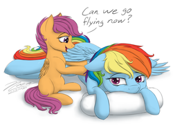 Size: 1024x768 | Tagged: safe, artist:novaintellus, rainbow dash, scootaloo, pegasus, pony, g4, dialogue, duo, female, filly, kneading, mare, massage, pillow, prone, tired