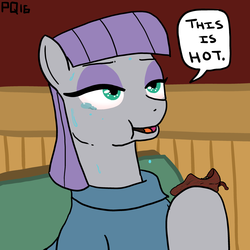 Size: 3000x3000 | Tagged: safe, artist:pony quarantine, maud pie, g4, booth, chewing, clothes, crying, eating, food, high res, hot pepper, pepper, reaction image, red peppers, spicy, sweat, teary eyes, this will end in diarrhea