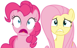 Size: 4678x2903 | Tagged: safe, artist:sketchmcreations, fluttershy, pinkie pie, buckball season, g4, lip bite, open mouth, scared, simple background, transparent background, vector
