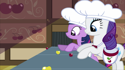 Size: 1920x1080 | Tagged: safe, screencap, rarity, twilight sparkle, pony, g4, the last roundup, cherry, duo, female, food, mare, rarity looking at food, yellow cherry