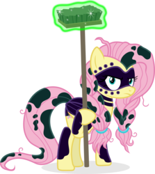 Size: 1651x1850 | Tagged: safe, artist:punzil504, fluttershy, g4, alternate universe, broom, face paint, female, hoof hold, janitor, looking at you, solo, story in the source