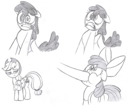 Size: 2826x2356 | Tagged: safe, artist:rmsaun98722, apple bloom, applejack, berry punch, berryshine, g4, hoof in mouth, hoofjack, monochrome