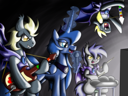 Size: 1000x750 | Tagged: dead source, safe, artist:firebrandkun, princess luna, oc, oc:midnight blossom, alicorn, bat pony, pony, gamer luna, g4, guitar hero controller, microphone, night guard, rhythm game, rock (music), rock band (game), rock band controller, royal guard