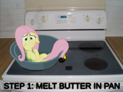 Size: 763x574 | Tagged: safe, fluttershy, pony, buckball season, g4, abuse, clothes, cooked alive, cooking, female, fire, flutterbuse, flutterbutter, literal buttershy, mare, meme, oven, person as food, solo, stove