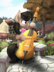 Size: 1500x2000 | Tagged: dead source, safe, artist:blackligerth, octavia melody, earth pony, pony, g4, bow (instrument), cello, cello bow, digital art, female, garden, musical instrument, solo, town