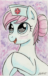 Size: 1024x1620 | Tagged: safe, artist:nokills-clan196, nurse redheart, earth pony, pony, g4, deviantart watermark, female, happy, hat, mare, obtrusive watermark, pastel, signature, solo, traditional art, watercolor painting, watermark