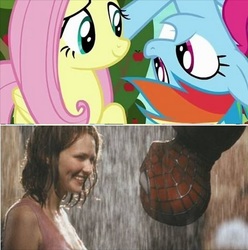 Size: 473x476 | Tagged: safe, edit, edited screencap, screencap, fluttershy, rainbow dash, pony, buckball season, g4, female, lesbian, male, mare, marvel, mary jane, peter parker, ship:flutterdash, shipping, spider-man