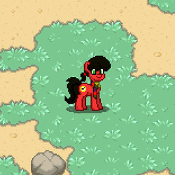Size: 311x311 | Tagged: safe, oc, oc only, oc:macdolia, earth pony, pony, pony town, clothes, fourth doctor's scarf, grass, pigtails, rock, scarf, striped scarf