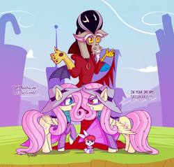 Size: 2340x2235 | Tagged: dead source, safe, artist:dsp2003, angel bunny, discord, fluttershy, dungeons and discords, g4, angry, crossover, darkwing duck, darkwing shy, duality, gosalyn mallard, heart, heart eyes, high res, morgana, open mouth, opposite fluttershy, parody, red eyes, self ponidox, shrug, wingding eyes