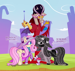 Size: 2340x2235 | Tagged: safe, alternate version, artist:dsp2003, angel bunny, discord, fluttershy, dungeons and discords, g4, angry, crossover, darkwing duck, darkwing shy, disney villains, duality, gosalyn mallard, heart, heart eyes, high res, morgana, negaduck, open mouth, opposite fluttershy, parody, self ponidox, shrug, wingding eyes
