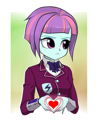 Size: 1017x1299 | Tagged: safe, artist:twilite-sparkleplz, sunny flare, equestria girls, g4, clothes, crystal prep academy uniform, female, heart, heart hands, pipboy, school uniform, solo, sunny flare's wrist devices, tsundere, tsunny flare