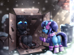 Size: 2000x1500 | Tagged: safe, artist:vavacung, oc, oc only, oc:doppel, oc:serenity, changeling, pony, unicorn, blanket, box, changeling in a box, clothes, crying, earmuffs, homeless, scarf, snow, snowfall
